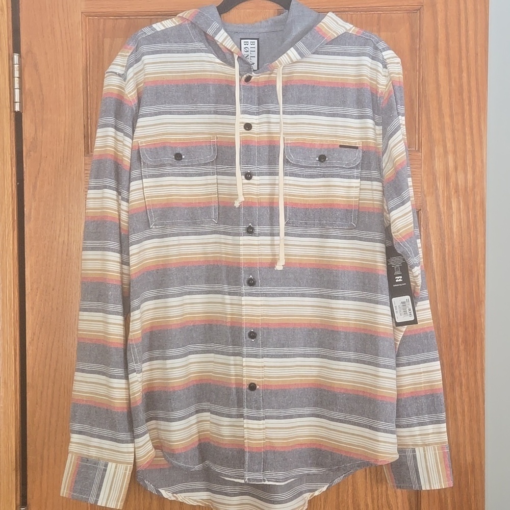 Billabong 100% cotton Striped Hooded Men's Shirt Size MEDIUM